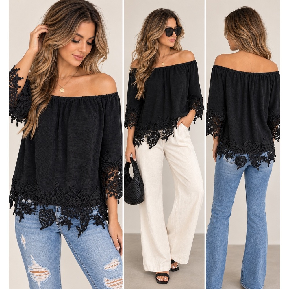 Style & Co Blouse Womens M Black Lace Trim Off Shoulder Boho Peasant Top